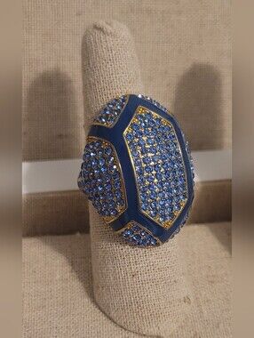 Akkad Trendy Gold Blue Pave Crystal Enamel Huge Statement Dome Cocktail Ring 6.5